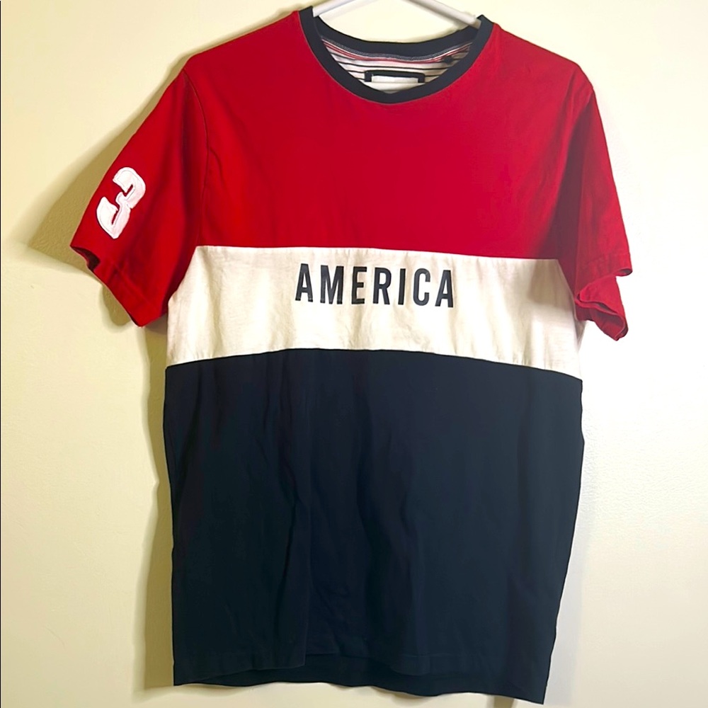 Denim & Flower Ricky Singh red white blue t shirt size small number 3 America